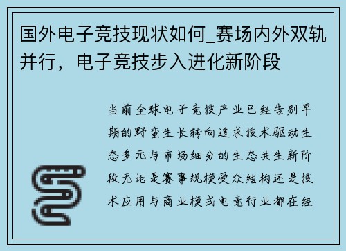 国外电子竞技现状如何_赛场内外双轨并行，电子竞技步入进化新阶段